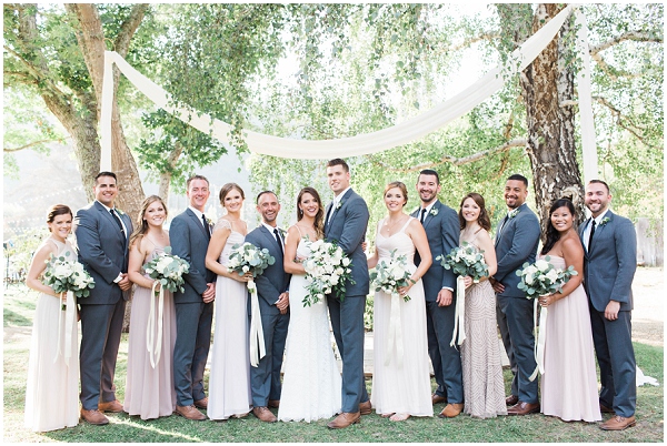 bridal party portrait under weeping willow trees at Bridgewater Farm in Scotts Valley