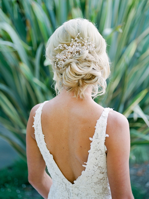 bridal hair and back of dress