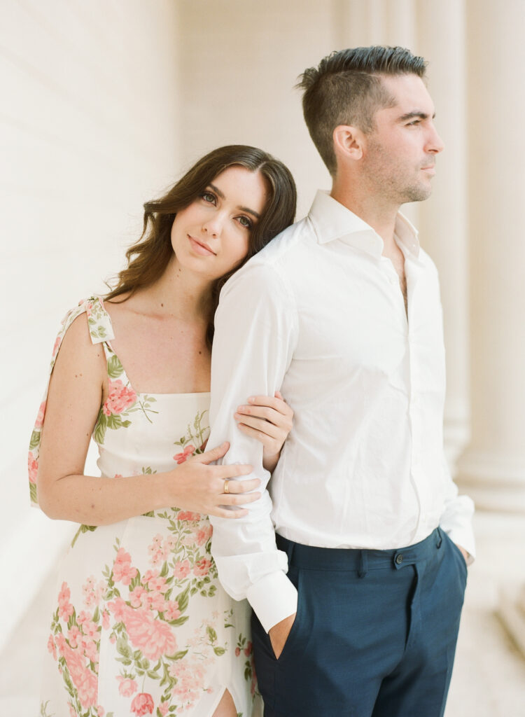 woman leaning her head on mans shoulder at their san francisco engagement session
